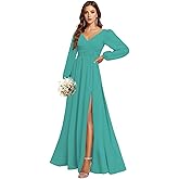 SNOWROSE Long Sleeve Bridesmaid Dresses for Women V Neck Pleated A Line Chiffon Wedding Guest Dress with Slit