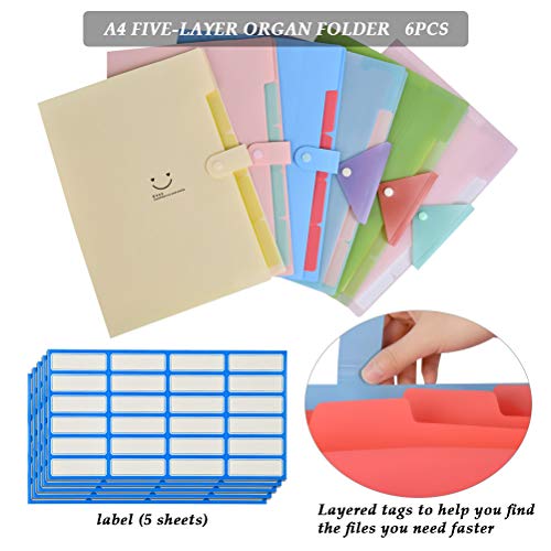 YOTINO 6 Pcs Expanding File Folder with 5 Pockets Plastic A4 Letter Size Document Organizer and 120 Pcs File Folder Labels for School Office Business (6 Color)