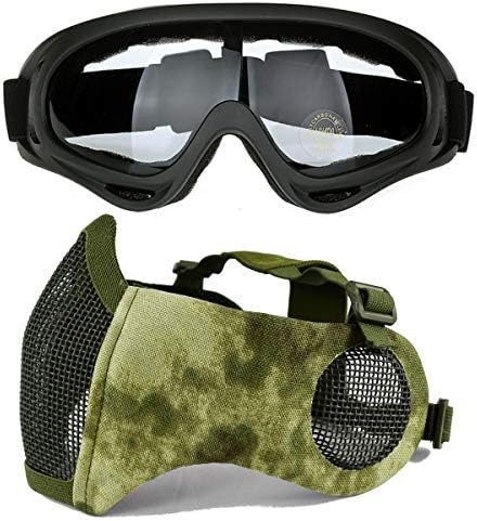 COZYJIA Tactical V10+ Face Mask & UV400 X400 Goggles，Adjustable Foldable Half Face Mask With Ear Cover Protective，Airsoft X400 Windproof Dustproof Protection for Wargame Tactical Airsoft