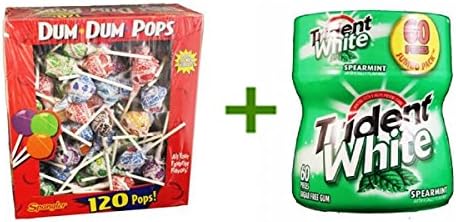 DUM DUMS POPS ASSORTED FLAVORS 120ct, (4 PACK), TRIDENT WHITE GUM SPEARMINT - Bottle 1/60pcs