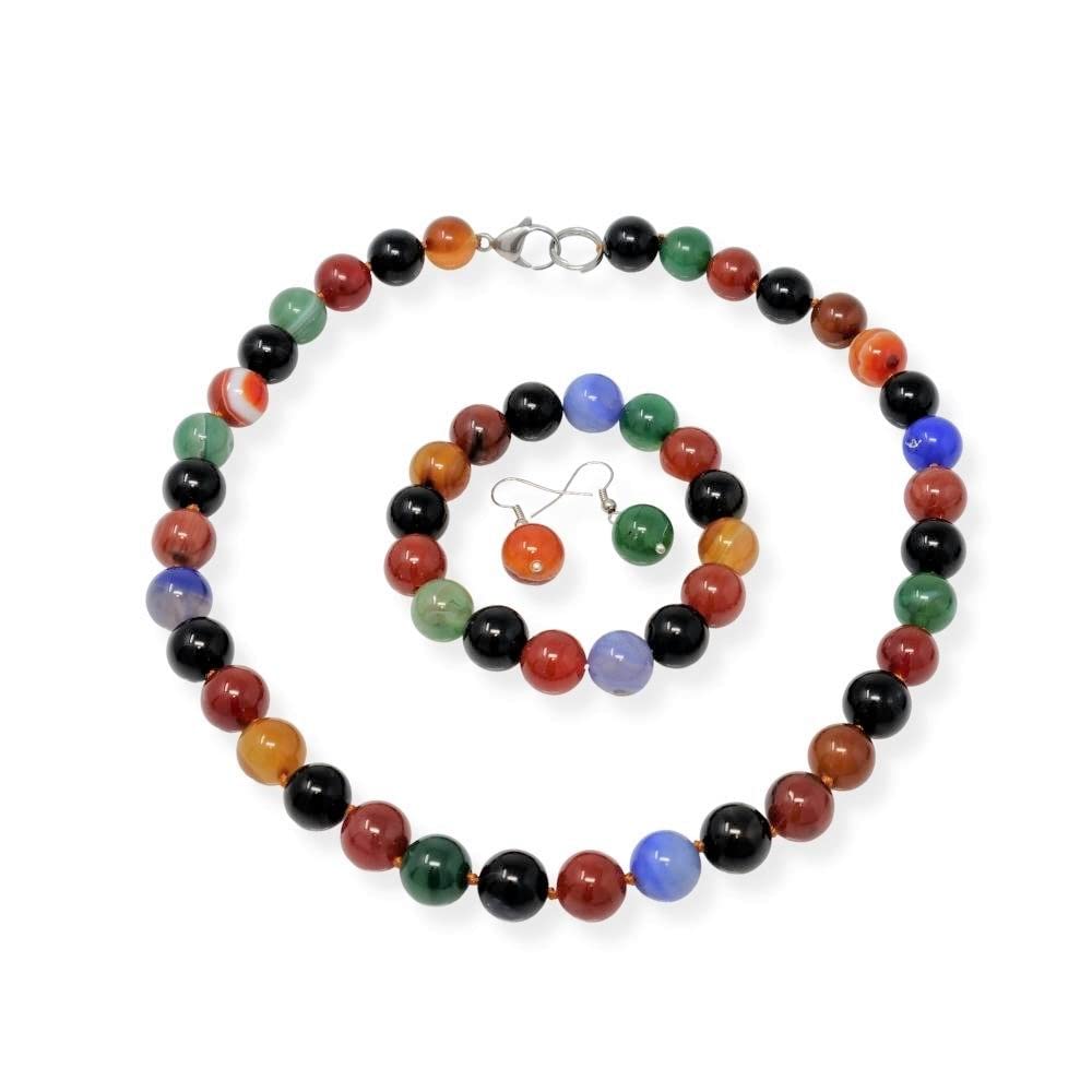Treasure Bay Stunning 12mm Natural Gemstone Beaded Necklace and Bracelet Jewellery Set For Women (Multicolour Agate)