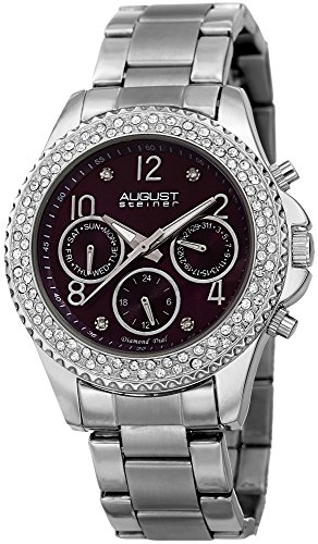 August Steiner Women's AS8136SSPU Silver Multifunction Quartz Watch with Burgundy Dial and Silver Bracelet