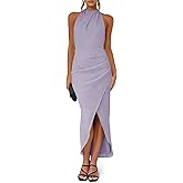 Fisoew Womens Halter Neck Party Dress Sleeveless Slit Textured Backless Sim Fit Ruched Sexy Midi Cocktail Dresses