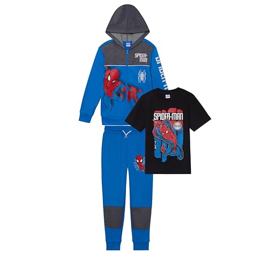 Marvel Spider-Man Boys 3-Piece Fleece Pants Sets, Spiderman Zip-Up Hoodies, T-Shirts, and Pants Sets for Boys (Peter Parker Blue, 7)