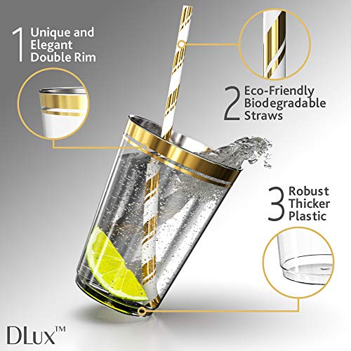 12 oz Gold Rim Plastic Cups with Eco-Friendly Paper Straws - 100 Elegant Clear Rimmed Cocktail & Dessert Tumblers for Weddings & Special Events - Reusable or Disposable - With Drinks Recipe eBook - Thumbnail 4