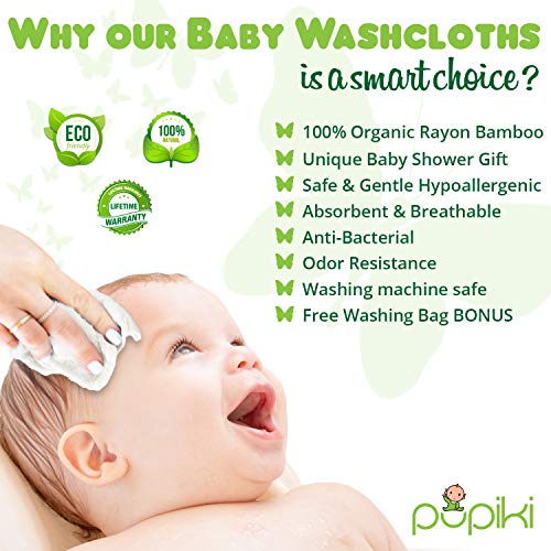 Pupiki Premium Baby Washcloths 6 Ultra-Soft Hypoallergenic 100% Organic Bamboo from Rayon Fiber Baby Bath Washcloth Face Towels Absorbent 10X10 Newborn Towel Pack Unisex Baby Shower Gift White