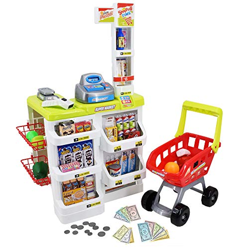 deAO SPMW Kinder-Supermarkt-Spielset mit Einkaufswagen und über 20 Spiel-Lebensmittel-Zubehör, Mehrfarbig – Bild 3
