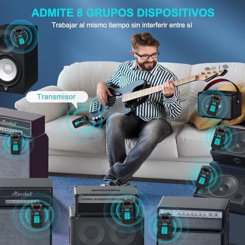 RYEWGRV Sistema Inalámbrico para Guitarra, 8 Canales Receptor Transmisor de Guitarra Portátil, 2.4 GHz Amplificador de Audífonos para Guitarra Eléctrica, Recargable, para Guitarra Eléctrica, Bajo