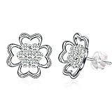 Earring, ZHULERY Valentines Gifts 925 Sterling Silver Four Leaf Clover and Cubic Zirconia Flowers Clear Button Stud Earrings Fine Jewellry for Women
