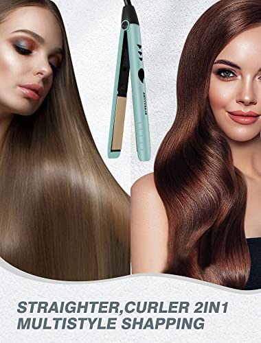 Hair Straightener Flat Iron, Mini Hair Straightener and Curler 2 in 1, Instant Heating, Adjustable Temp for All Type Hair, Professional Straightener Iron, Pouch & Glove Included, Green