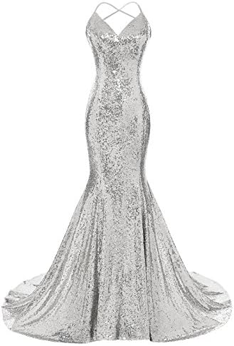 DYS Women's Sequins Mermaid Prom Dress Spaghetti Straps V Neck Backless Gowns