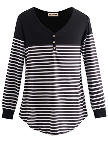 Minibee Women's Striped Tunic Tops Swing Flowy Color Block Blouse V-Neck Long Sleeve T Shirts Black M