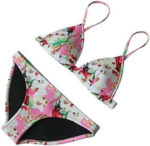 SISSIJOE Women Floral Triangle Neoprene Suit Top &amp; Bottom Bikini Swimsuit Swimwear Pink Small