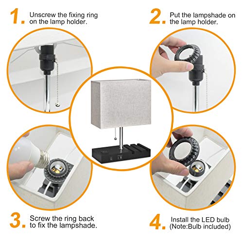 USB Bedside Lamp With Phone Stands,Hansang Table Lamp Dual Charging Ports,Nightstand Lamp for Bedroom,Minimalist Fabric Linen Lamp Shade with Pull Chain,E26 Warm White LED Bulb Included