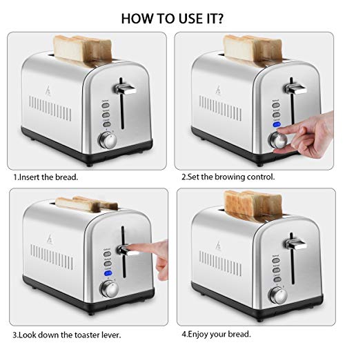 2 Slice Toaster, Stainless Steel Toasters Cool Touch with Extra-Wide Slots, Defrost/Reheat/Cancel Function, 7 Browning Dials and Removable Crumb Tray (Silver)