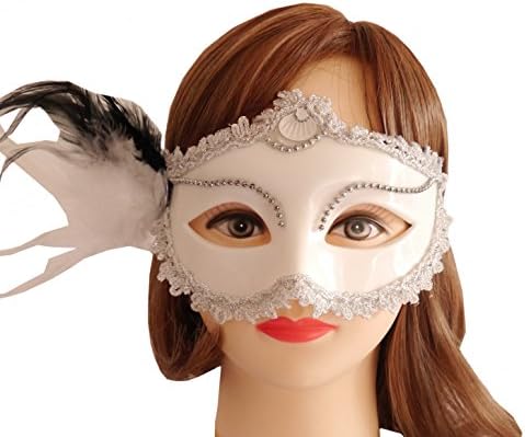 Disconano High-Grade Real Feather Flower Venetian Halloween Masquerade Ball Carnival Eye Mask Party (Glaze-White)