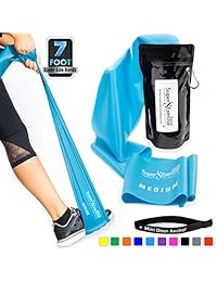 Super Exercise Band USA 7 ft. Long Latex   Resistance Bands Plus Mini Door Anchor. Choose Light, Medium or Heavy Strength For Gym, Physical Therapy, Yoga, Pilates, Rehab. 30 Page E-Book, Carry Bag.
