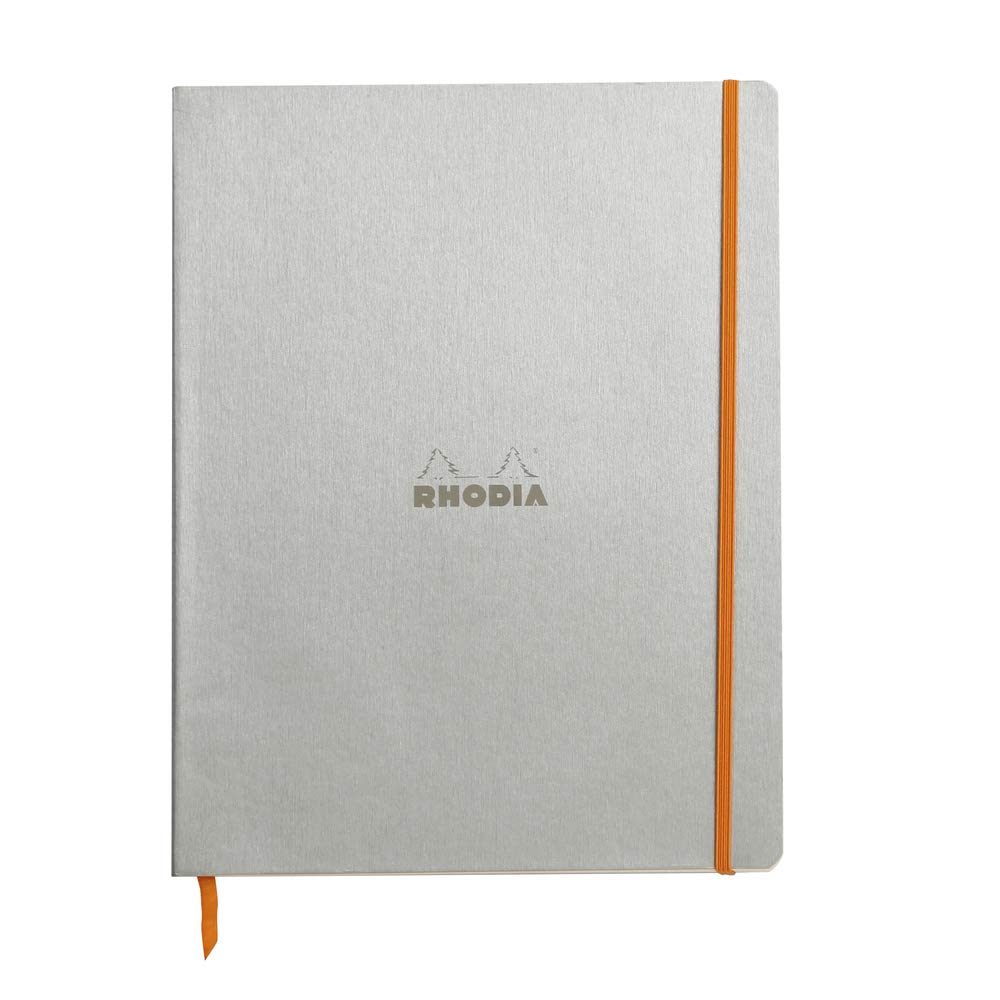 RHODIA 117701C - Silver Flexible Notebook - A4+ - Lined - 160 Detachable Pages - Ivory Clairefontaine Paper 90 g/m - Bookmark, Elastic Closure - Faux Leather Cover - Rhodiarama Collection