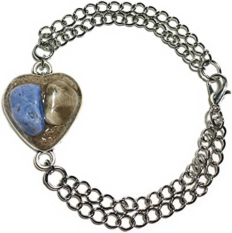 Handcrafted Lake Michigan Petoskey Stone and Leland Blue in Beach Sand Heart Shaped Chain Bracelet