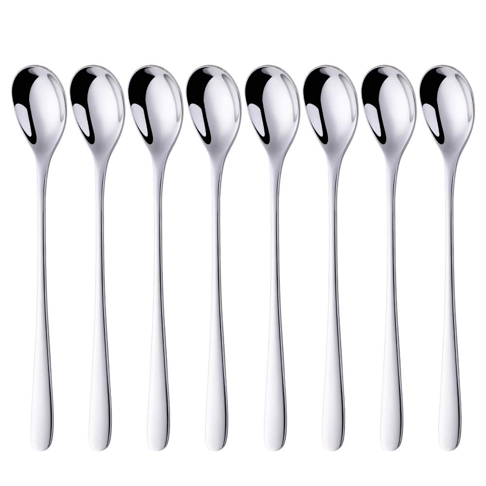 BISDARUN Latte Spoons Silver Long Handle Teaspoons 18/10 Stainless Steel Spoons for Dessert Cocktail Ice Cream Sundae Coffee, 8 Inch/20.5 CM, Set of 8