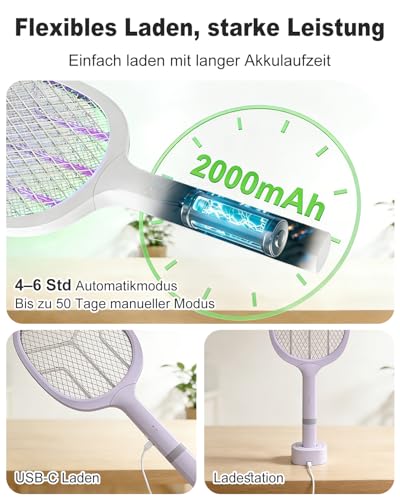 Electric Insect Racket 4800V, 2 in 1 Electric Mosquito Racket with UV Light, Rechargeable USB-C 2000mAh, Electric Fly Swatter for Home, Bedroom, Camping