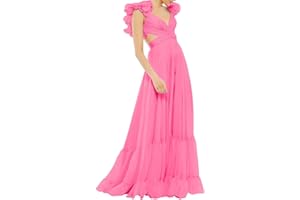 Lawrncedw Chiffon Ruffle Prom Dresses for Women V Neck Long Bridesmaid Dresses Backless Formal Evening Gowns A Line