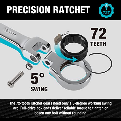 DURATECH Flex-Head Ratchet Spanner Set, 72-Tooth Combination Wrench | 12-Piece, Metric 8-19mm, Chrome Vanadium Steel, Poll-up Pouch