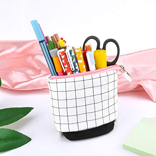 iSuperb Telescopic Pencil Case Stand Up Pen Bag Grid Pencil Holder Canvas Stationery Pouch Cosmetic Bags