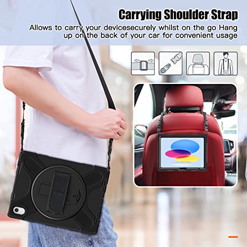 Gerutek Shockproof Case for iPad (A16) 11th/10th Generation (11/10.9 inch) 2025/2022, iPad 10th Case, Rugged Case with 360 Rotating Stand, Hand Strap and Shoulder Strap, Pen Holder, Black