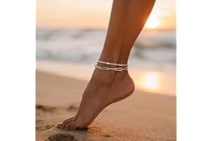 Sterling Silver Ankle Bracelets for Women, Dainty Adjustable Waterproof Layered Anklet Set, Stackable Figaro Beaded Cuban Lin