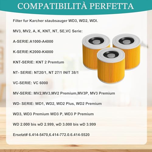 Set of 3 KäRcher Vacuum Cleaner Filters, Karcher Filter, Filter Cartridges for KäRcher Wd3 Premium WD2 MV2 MV3 WD 3P, WD 3.200, Replacement Filter for Kärcher Vacuum Cleaner 6.414-552.0/64145520