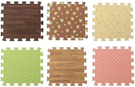 GGGarden 9 Pcs Interlock Foam Floor Puzzle Work Gym Mat 6 Pattern Easy Clean Adhesive Wood Floor - Beige Floral