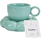 Koythin Ceramic Coffee Mug with Saucer Set, Creative Cute Cup with Sunflower Coaster for Office and Home, Dishwasher and Microwave Safe, 6.5 oz/200 ml for Tea Latte Milk (Blue-green)