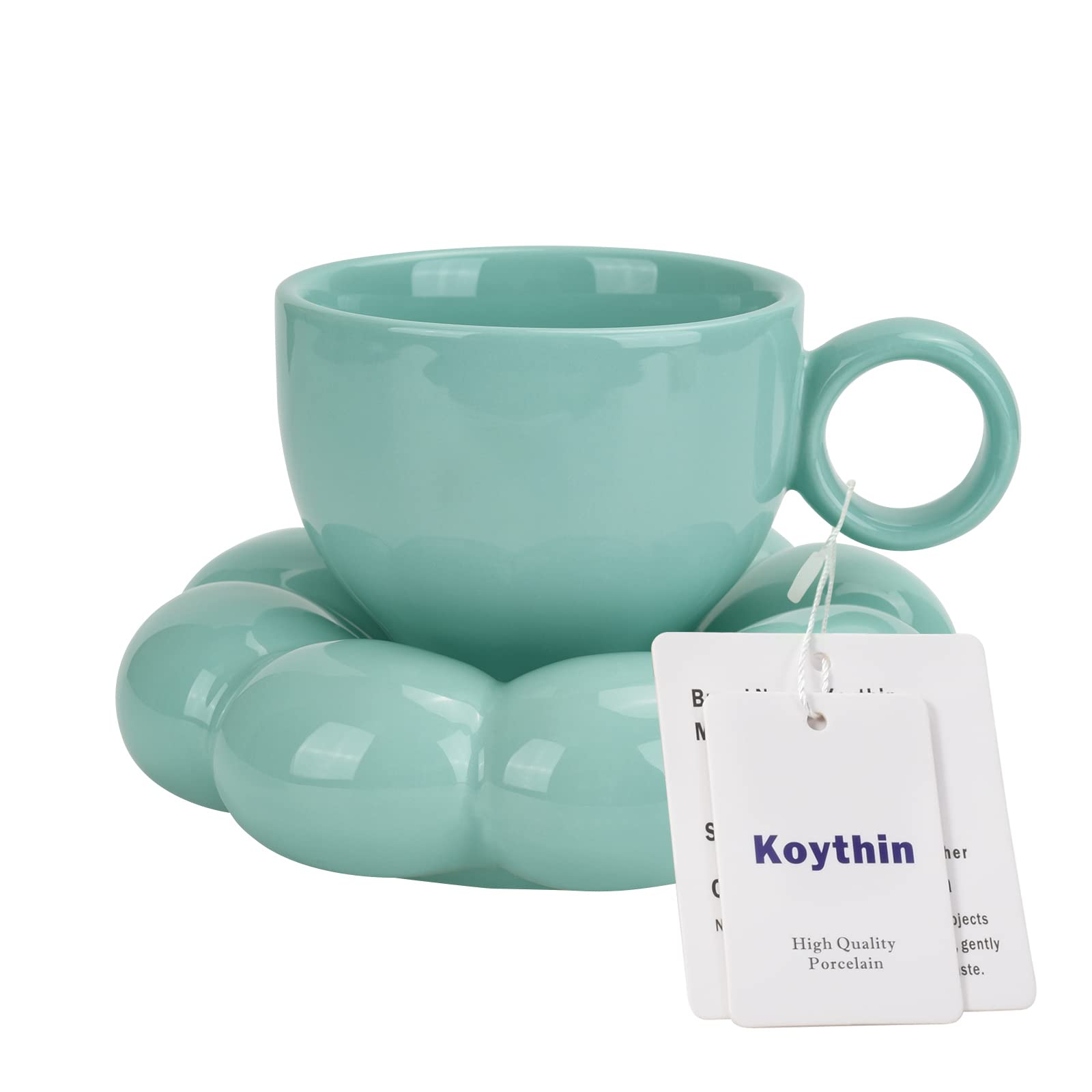 Koythin Ceramic Coffee Mug with Saucer Set, Creative Cute Cup with Sunflower Coaster for Office and Home, Dishwasher and Microwave Safe, 6.5 oz/200 ml for Tea Latte Milk (Blue-Green) — image 1