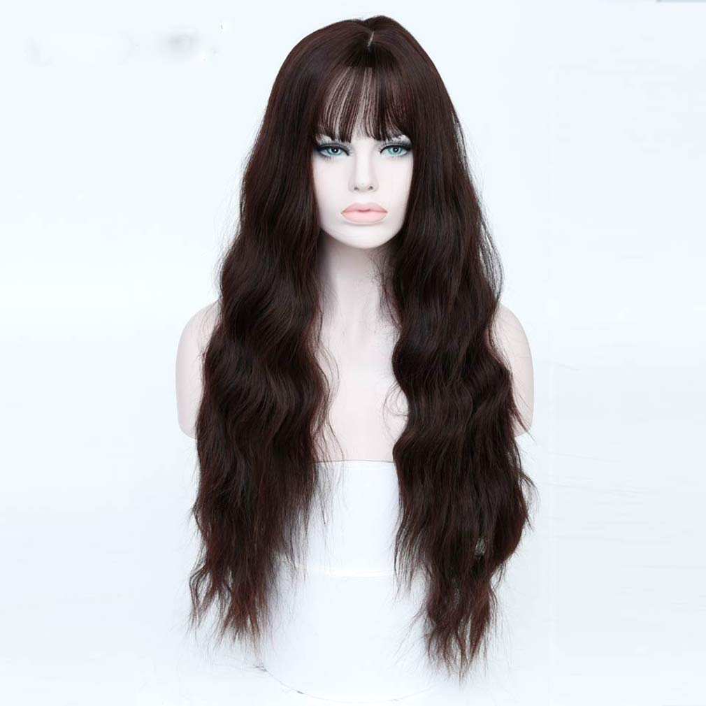 Chisu Synthetic Wigs With Bangs For Women Glueless Wigs Long Wavy Style Wig 26inches Linen Reddish Brown Color
