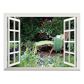 Removable Wall Sticker/Wall Mural - Deck Chair in a Quiet Garden with Beautiful Flowers | Creative Window View Wall Decor - 24"x32"
