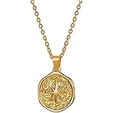 Sugar and Cloves 18K 18 Karat Yellow Gold Plated North Star Compass Charm Necklace - Beachy Boho Coin Jewelry Gift for Women - Graduation Gift- Nickel Free, Hypoallergenic, Waterproof, 16 inch chain