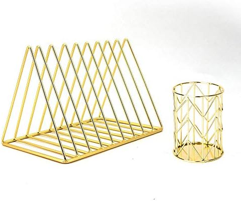 Desktop Organizer 2 Piece Desk Accessories Set - Magazine File Rack Book Record Triangle File Divider, Pencil Cup Pencil Holder,Office Desk Supplies Decor Home Office (Gold)