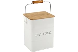 Brabtod Cat Food storage container Cat Treats Jar,5~6 lb Metal food treats tin for Cat, pet snacks Canisters with wooden lid/handle/sevice scoop-White