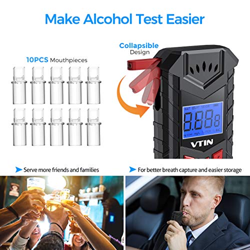 vtin Breathalyzer Rechargeable, [Upgraded] Foldable Breathalyser with 10pcs Mouthpieces, Professional-grade Accuracy/Semi-conductor Sensor/LCD Display, Portable for Personal & Home Use