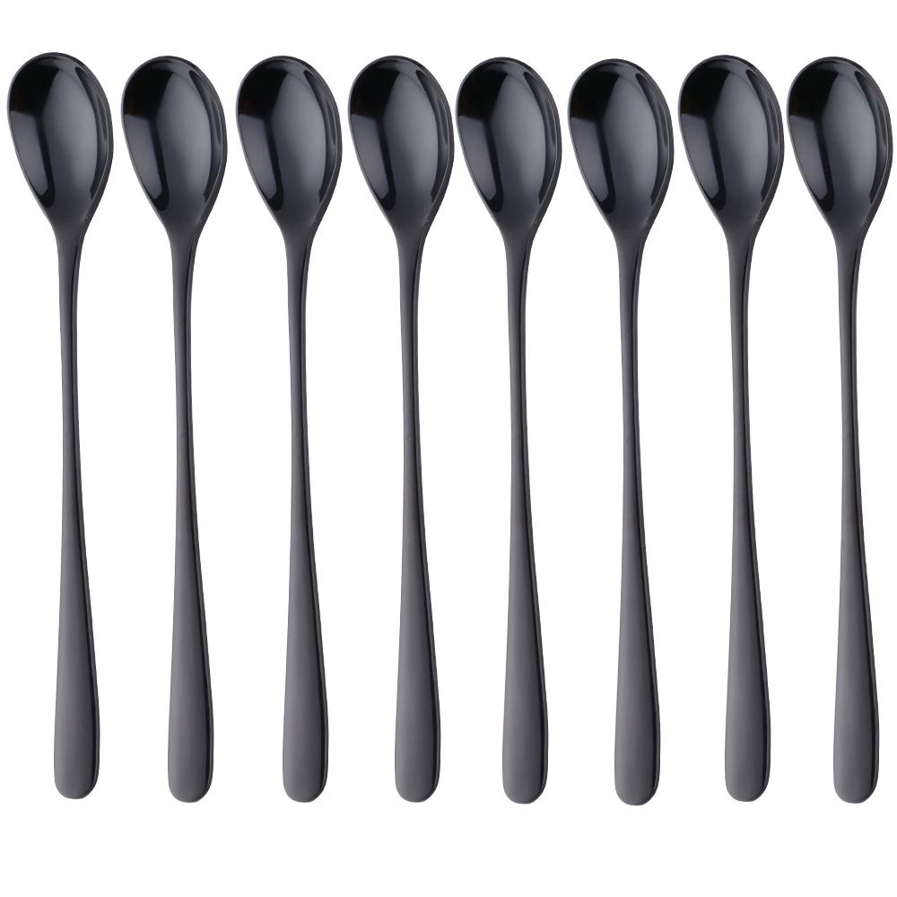 BISDARUN Latte Spoons Black Long Handle Teaspoons 18/10 Stainless Steel Spoons for Dessert Cocktail Ice Cream Sundae Coffee, 8 Inch/20.5 CM, Set of 8