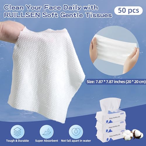 RUILLSEN COTTON WIPES DISPOSABLE FACE TOWELS, LINT-FREE UNSCENTED CLEAN TOWELS DRY FACIAL CLEANSING WIPES SOFT & THICK FOR SENSITIVE SKIN 8 INCH SQUARE LARGE SIZE 50 COUNT