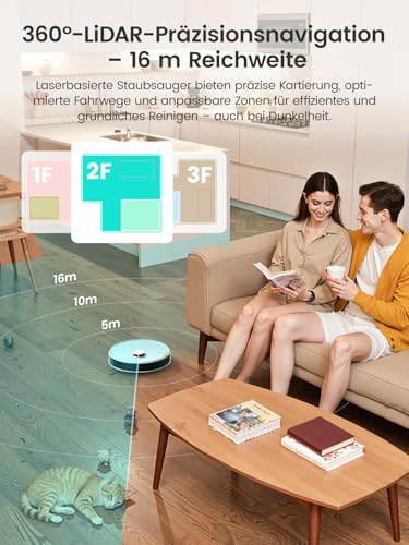 Lefant M3 Robot Vacuum Cleaner with Mop Function, 12000 Pa, Lifting the Mop, LiDAR Navigation, Multi-Floor Mapping, Avoid Obstacles, Anti-Collision, Absorption of Pet Hair, WLAN 2.4G/5G