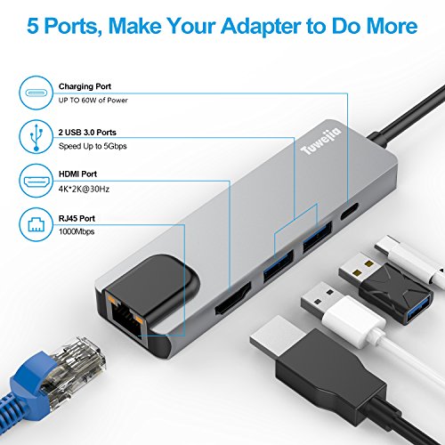 USB C Hub Multiport Adapter with 4kHDMI Output, 1000M RJ45 Gigabit Ethernet, 2USB3.0 Ports,60W Power Delivery, 5-in-1 USB C Network Adapter for MacBook Pro & Type C Windows Laptops