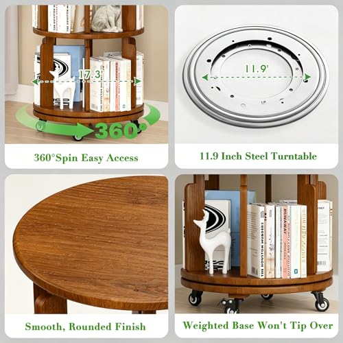 Azlafu 6 Tier 360° Rotating Solid Wood Bookshelf with Wheels, Lazy Susan Circular Spinning Revolving Corner Bookcase, Freestanding Storage Shelf for Bedroom Small Space, Walnut