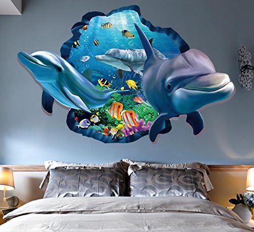 Kendalfloral Com Hallobo Sticker Mural Aquarium Marin De La Mer Sous Marine De Dauphin Fenetre 3d Wall Sticker Decoration Salon Chambre Maison La Chambre Des Enfants Bebe Enfant Garcons Filles Toilette Salle De Bain