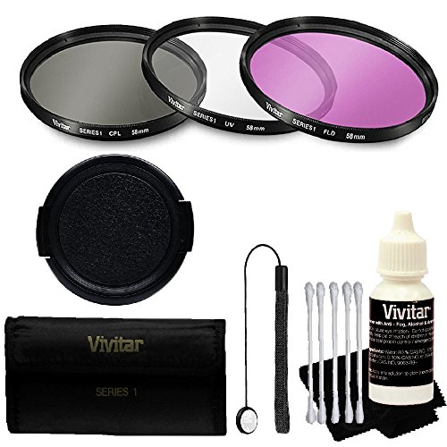 Vivitar 58mm Professional Multi-Coated Digital UV CPL FLD Camera Lens Filter Kit + Lens Cap + Lens Cap Holder + 3 Piece Cleaning Kit for All 58mm Lenses