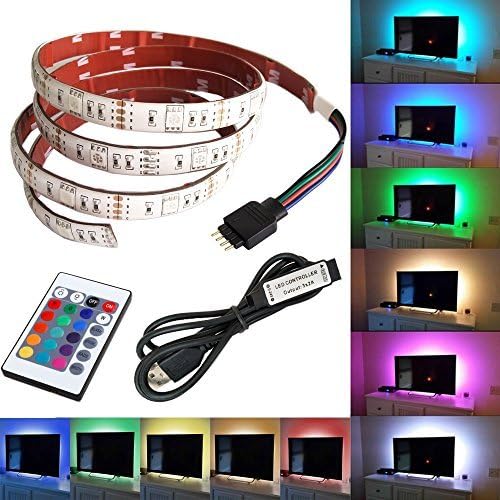 Wiseworld RGB LED Light Strip, USB Powered 5V SMD 5050 Flexible Waterproof TV Back light with 24 Keys IR Remote Control for TV Background Lighting PC Notebook Home Decoration - 39Inches/1M