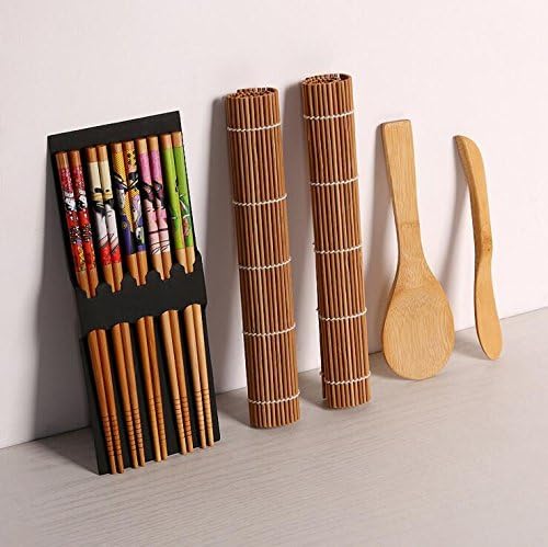 Carlie Bamboo Sushi Making Kit with 2 Rolling Mats - 5 Pairs Chopsticks - Rice Paddle - Rice Spreader - 100% Bamboo Sushi Mats and Sushi Maker Utensils