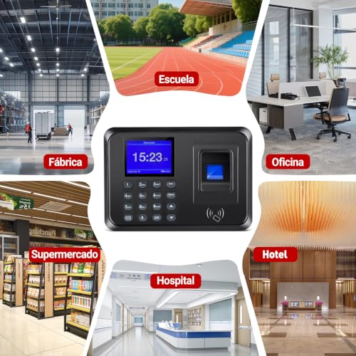 3 in 1 Biometric Fichar Clock - Time Control with Fingerprint, RFID Card and PIN Code - Small Business Assistance Machine, No Monthly Fee, 10 Cards Included, Spanish